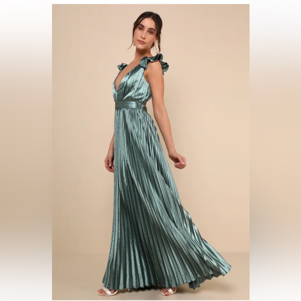 Exceptional Drama Sage Green Satin Lace-Up Pleated Maxi Dress